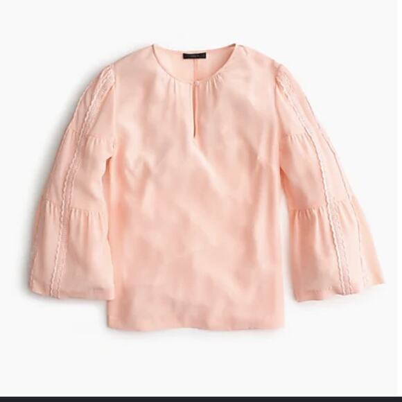 J. Crew Pink Embroidered Lace Bell Sleeve Silk Blouse Sz 4 - Picture 1 of 10